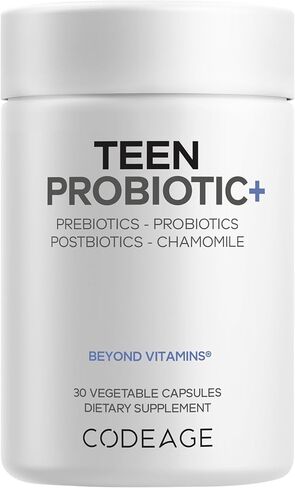 Codeage Teen Probiotic+ Supplement - 25 Billion CFU Probiotic Blend with Prebiotics, Postbiotics & Chamomile - Gut & Digestion Support for Teens and Teenagers 12 & Up - Non-GMO- 30 Capsules in Saudi Arabia