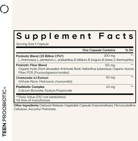 Codeage Teen Probiotic+ Supplement - 25 Billion CFU Probiotic Blend with Prebiotics, Postbiotics & Chamomile - Gut & Digestion Support for Teens and Teenagers 12 & Up - Non-GMO- 30 Capsules in Saudi Arabia