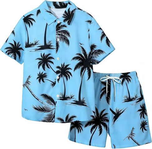 7-14 Y Boys' Button Down Shirt Hawaiian Outfit 2 Piece Vacation Beach Clothes with Shorts Set in Saudi Arabia