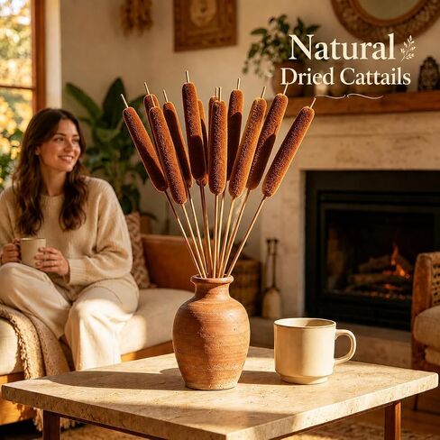 RAINFLOW Natural Dried Cattails – 13.8 Inch Cattail Dried Flowers,15 PCS Brown Bulrush Plants for DIY Floral Arrangements, Wedding Centerpieces, Fall Home Decor and Craft Supplies in Kuwait