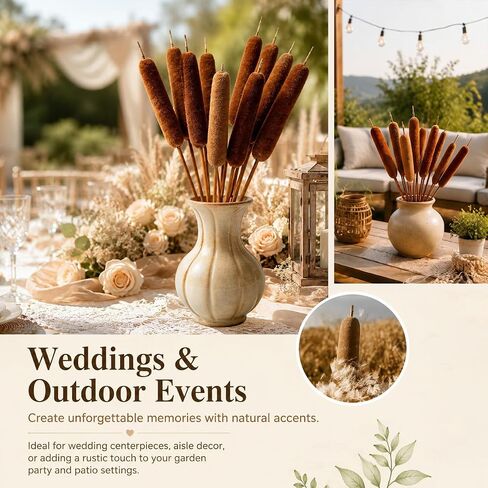 RAINFLOW Natural Dried Cattails – 13.8 Inch Cattail Dried Flowers,15 PCS Brown Bulrush Plants for DIY Floral Arrangements, Wedding Centerpieces, Fall Home Decor and Craft Supplies in Kuwait