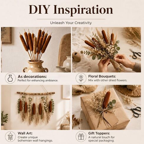 RAINFLOW Natural Dried Cattails – 13.8 Inch Cattail Dried Flowers,15 PCS Brown Bulrush Plants for DIY Floral Arrangements, Wedding Centerpieces, Fall Home Decor and Craft Supplies in Kuwait