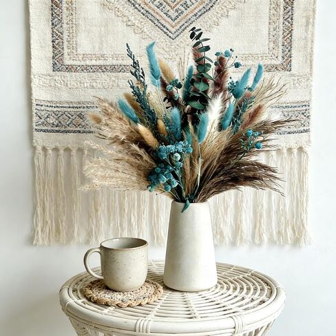 Turquoise Dired Pampas Grass Decor 17" Fluffy Real Teal Blue Dired Flowers with Bunny Tail Baby Breath Eucalyptus for Boho Vase Filler Table Centerpieces Home Rustic Farmhouse Decor in Saudi Arabia
