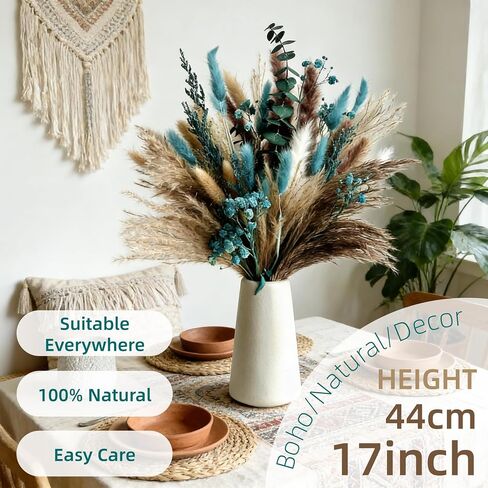 Turquoise Dired Pampas Grass Decor 17" Fluffy Real Teal Blue Dired Flowers with Bunny Tail Baby Breath Eucalyptus for Boho Vase Filler Table Centerpieces Home Rustic Farmhouse Decor in Saudi Arabia