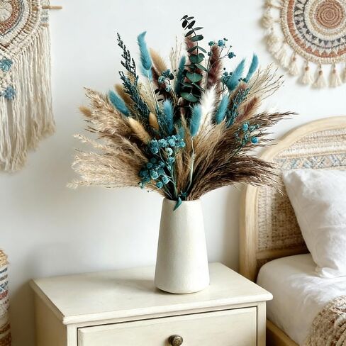 Turquoise Dired Pampas Grass Decor 17" Fluffy Real Teal Blue Dired Flowers with Bunny Tail Baby Breath Eucalyptus for Boho Vase Filler Table Centerpieces Home Rustic Farmhouse Decor in Saudi Arabia