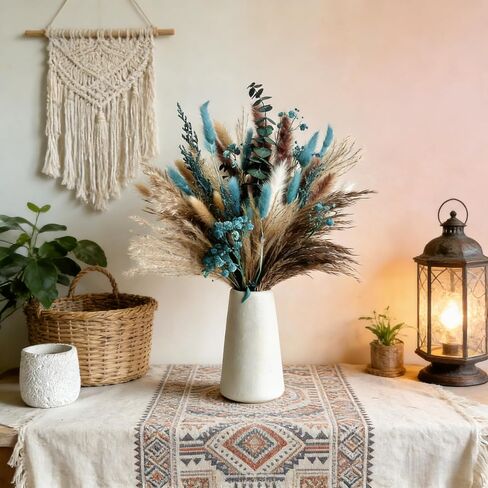 Turquoise Dired Pampas Grass Decor 17" Fluffy Real Teal Blue Dired Flowers with Bunny Tail Baby Breath Eucalyptus for Boho Vase Filler Table Centerpieces Home Rustic Farmhouse Decor in Saudi Arabia