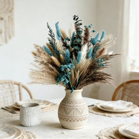 Turquoise Dired Pampas Grass Decor 17" Fluffy Real Teal Blue Dired Flowers with Bunny Tail Baby Breath Eucalyptus for Boho Vase Filler Table Centerpieces Home Rustic Farmhouse Decor in Saudi Arabia