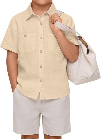 Boys' Linen Dress Shirt Short Sleeve Button Down Shirts Kids Summer Casual Button Up Uniform Tops with Pockets in Kuwait