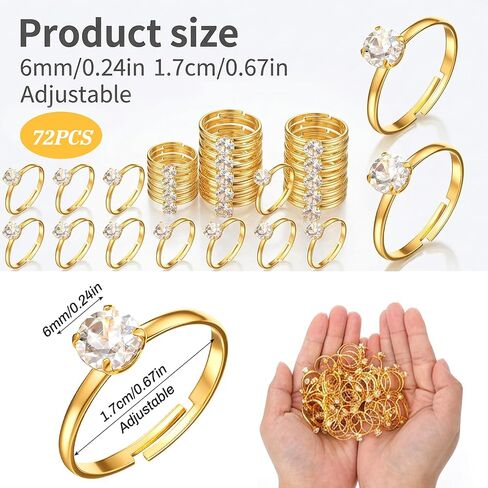 Yolev 72pcs Fake Rings Gold Diamond Fake Engagement Wedding Rings Bridal Shower Game Ring Adjustable Diamond Ring for Wedding Table Decorations Party Favors Cupcake Toppers in Kuwait