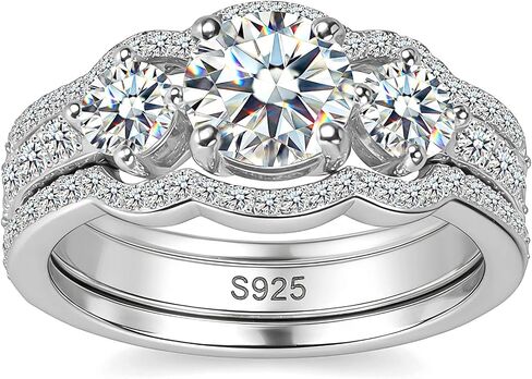 WES Moissanite Bridal Ring Set - 925 Sterling Silver D Color VVS1 Clarity Stackable Total 1ct 3 Stones Moissanite Rings Engagement Wedding Rings for Women, Size 4-11 in Saudi Arabia