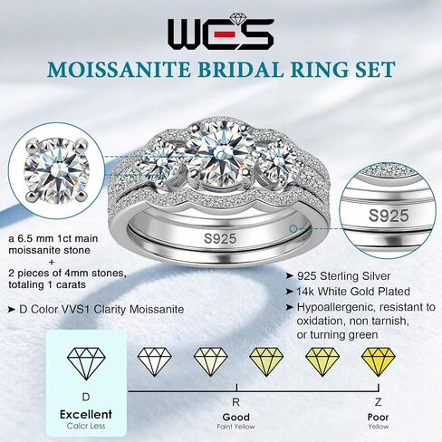 WES Moissanite Bridal Ring Set - 925 Sterling Silver D Color VVS1 Clarity Stackable Total 1ct 3 Stones Moissanite Rings Engagement Wedding Rings for Women, Size 4-11 in Saudi Arabia