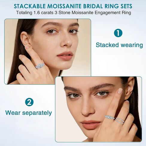 WES Moissanite Bridal Ring Set - 925 Sterling Silver D Color VVS1 Clarity Stackable Total 1ct 3 Stones Moissanite Rings Engagement Wedding Rings for Women, Size 4-11 in Saudi Arabia