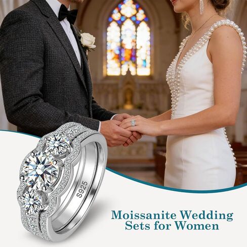 WES Moissanite Bridal Ring Set - 925 Sterling Silver D Color VVS1 Clarity Stackable Total 1ct 3 Stones Moissanite Rings Engagement Wedding Rings for Women, Size 4-11 in Saudi Arabia