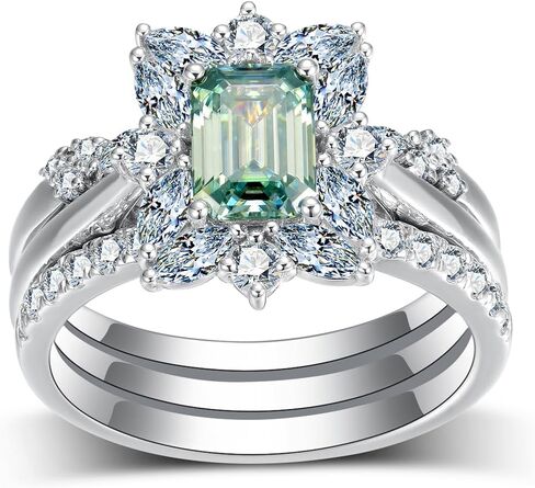3-Piece Engagement Rings Bridal Set for Women,18K White Gold Platinum Plated Emerald Cut Blue-Green Moissanite Wedding Rings Sets S925 Halo Moissanite Ring Sets Jewelry Gift for Anniversary Wedding in Saudi Arabia