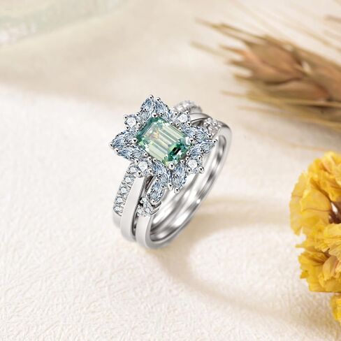 3-Piece Engagement Rings Bridal Set for Women,18K White Gold Platinum Plated Emerald Cut Blue-Green Moissanite Wedding Rings Sets S925 Halo Moissanite Ring Sets Jewelry Gift for Anniversary Wedding in Saudi Arabia