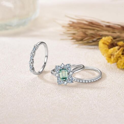 3-Piece Engagement Rings Bridal Set for Women,18K White Gold Platinum Plated Emerald Cut Blue-Green Moissanite Wedding Rings Sets S925 Halo Moissanite Ring Sets Jewelry Gift for Anniversary Wedding in Saudi Arabia