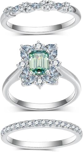 3-Piece Engagement Rings Bridal Set for Women,18K White Gold Platinum Plated Emerald Cut Blue-Green Moissanite Wedding Rings Sets S925 Halo Moissanite Ring Sets Jewelry Gift for Anniversary Wedding in Saudi Arabia