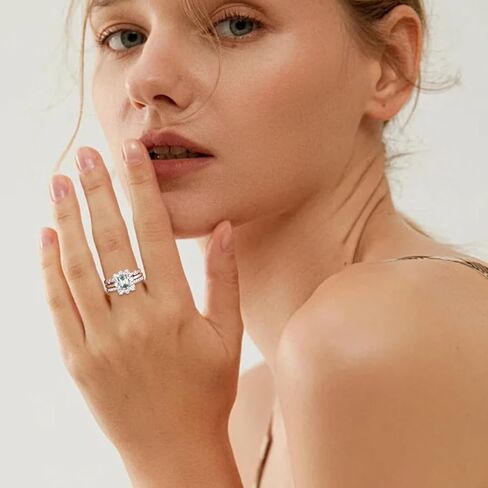 3-Piece Engagement Rings Bridal Set for Women,18K White Gold Platinum Plated Emerald Cut Blue-Green Moissanite Wedding Rings Sets S925 Halo Moissanite Ring Sets Jewelry Gift for Anniversary Wedding in Saudi Arabia