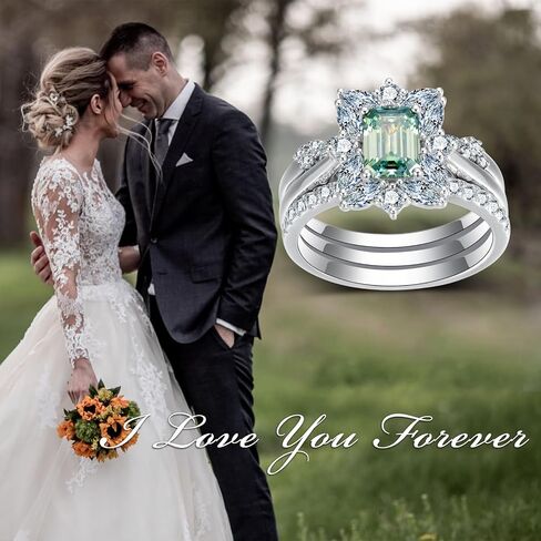 3-Piece Engagement Rings Bridal Set for Women,18K White Gold Platinum Plated Emerald Cut Blue-Green Moissanite Wedding Rings Sets S925 Halo Moissanite Ring Sets Jewelry Gift for Anniversary Wedding in Saudi Arabia