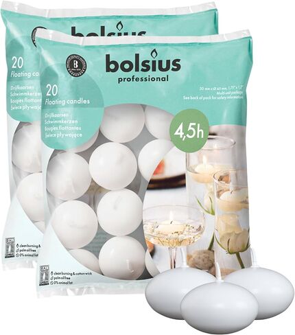 Bolsius White Floating Candles 1.75 Inch, 20 Pack Candle Set – 4,5 Hours Burn Time – Premium European Quality – Smokeless & Dripless Smooth Flame – 100% Cotton Wick – Beach, Wedding, & Party Accessory in Saudi Arabia