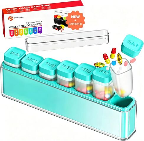 HIONXMGA Color-Coded Weekly Pill Organizer Once Daily, Detachable 7 Day Travel Pill Box with Upgraded Sealing Lids, Large Portable Pill Case for Medication, Vitamins, Supplements & Fish Oils, Clear in Saudi Arabia