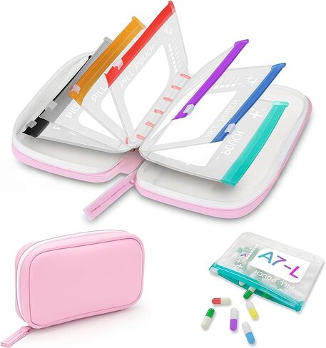 A8 Waterproof Pill Organizer Set, Waterproof Pill Pouch Set, Travel Medicine Organizers with 14 Color-Coded Pouches, Leakproof Reusable Zippered Storage Case, Compact Daily Pills Holder (Pink) in Saudi Arabia