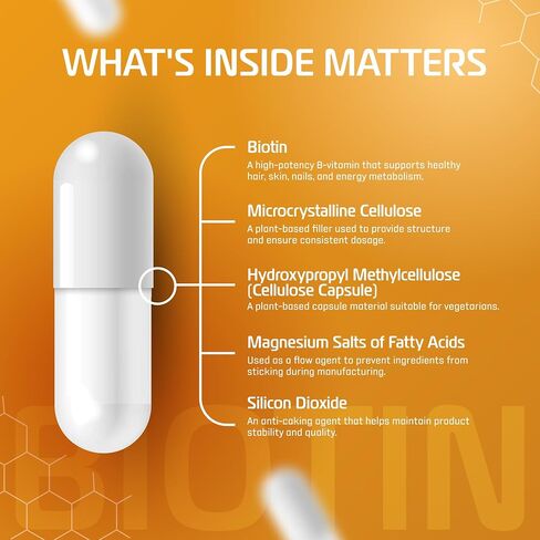 البيوتين 5000 ميكروجرام، 120 كبسولة نباتية - مكمل عالي القوة لنمو الشعر - فيتامين ب7 للشعر والبشرة والأظافر - فيتامينات الشعر للنساء والرجال - خالية من الغلوتين، وخالية من الصويا، وغير معدلة وراثيًا in Kuwait