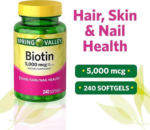 Spring Valley Biotin 5000 mcg 240 Count, Dietary Supplement for Hair Skin Nails, Hair Vitamins for Hair Loss for Women Set with Basket Goods Store in Saudi Arabia
