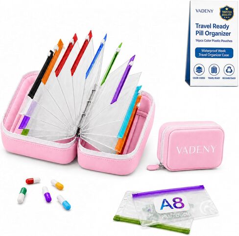 Pill Case Travel Pill Organizer Small Medication Pouches 14 Day Waterproof Pill Purse Set with Labels Pocket A8 Binder Compact Medicine Large Reusable Bags Weekly Carrier Storage (Black) in Saudi Arabia