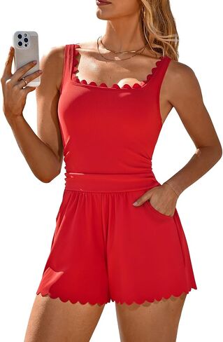 Charmo Scalloped Cute Romper Swimsuit for Women 2026 Tummy Control One Piece Bathing Suit Modest Swimsuit with Shorts in Kuwait