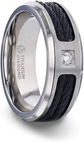 Sector Black Rope Cables Inlaid Brushed Finish Titanium Wedding Band Ring with Genuine Diamond Accent Beveled Polished Edges in Kuwait