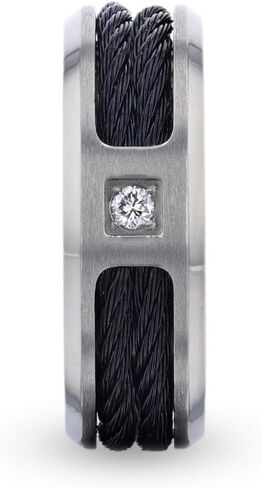 Sector Black Rope Cables Inlaid Brushed Finish Titanium Wedding Band Ring with Genuine Diamond Accent Beveled Polished Edges in Kuwait