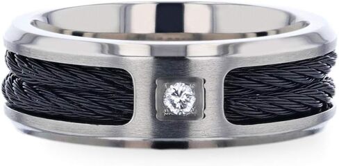Sector Black Rope Cables Inlaid Brushed Finish Titanium Wedding Band Ring with Genuine Diamond Accent Beveled Polished Edges in Kuwait