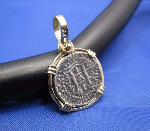 Small Round "1 Reale" Pirate Coin Reproduction Cob Pendant with Custom 14k Bezel by Crisol Jewelry (Atocha Shipwreck Replica) in Saudi Arabia