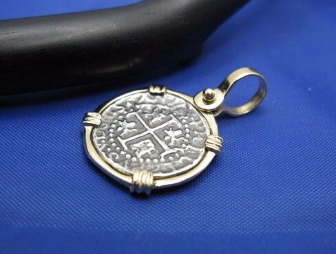 Small Round "1 Reale" Pirate Coin Reproduction Cob Pendant with Custom 14k Bezel by Crisol Jewelry (Atocha Shipwreck Replica) in Saudi Arabia