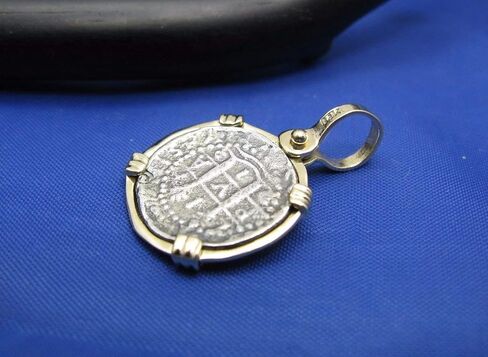 Small Round "1 Reale" Pirate Coin Reproduction Cob Pendant with Custom 14k Bezel by Crisol Jewelry (Atocha Shipwreck Replica) in Saudi Arabia