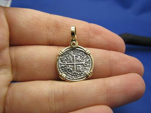 Small Round "1 Reale" Pirate Coin Reproduction Cob Pendant with Custom 14k Bezel by Crisol Jewelry (Atocha Shipwreck Replica) in Saudi Arabia