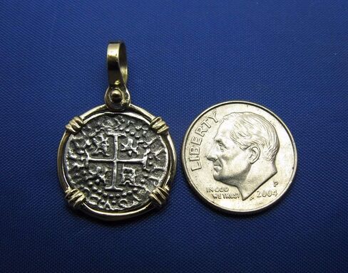 Small Round "1 Reale" Pirate Coin Reproduction Cob Pendant with Custom 14k Bezel by Crisol Jewelry (Atocha Shipwreck Replica) in Saudi Arabia