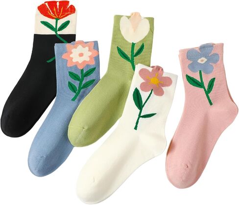 5 Pairs Cute Cotton Socks for Women and Girls Novelty floral Ankle Socks Casual flower Crew Sock for Sports and Daily Wear in Kuwait