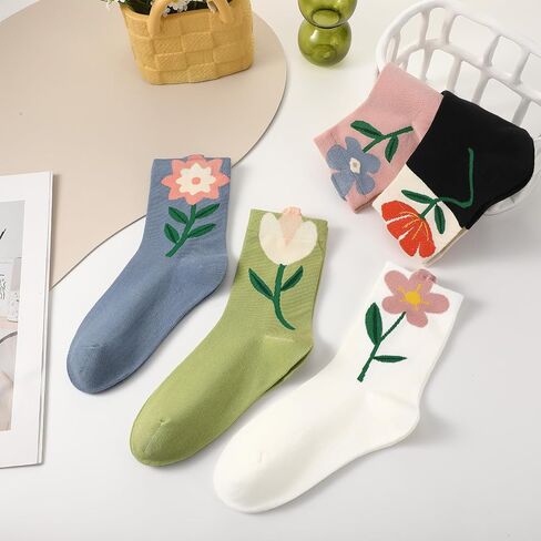 5 Pairs Cute Cotton Socks for Women and Girls Novelty floral Ankle Socks Casual flower Crew Sock for Sports and Daily Wear in Kuwait