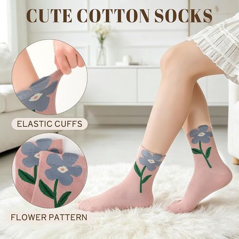 5 Pairs Cute Cotton Socks for Women and Girls Novelty floral Ankle Socks Casual flower Crew Sock for Sports and Daily Wear in Kuwait