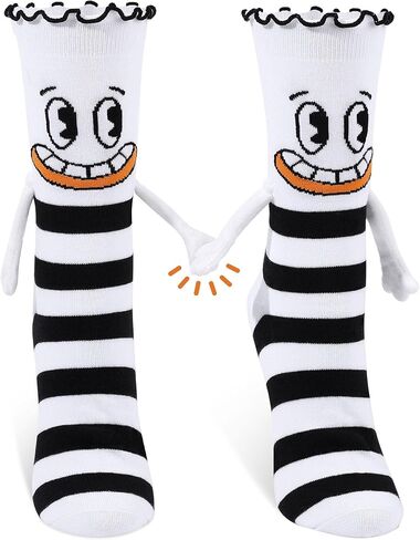Funny Magnetic Hand Holding Socks for Women Girls, Black and White Stripe Ruffle Frilly Crew Socks with Magnet Hands, Novelty Gag Birthday Gifts for Adults Teen Kids Friends in Saudi Arabia