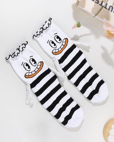 Funny Magnetic Hand Holding Socks for Women Girls, Black and White Stripe Ruffle Frilly Crew Socks with Magnet Hands, Novelty Gag Birthday Gifts for Adults Teen Kids Friends in Saudi Arabia