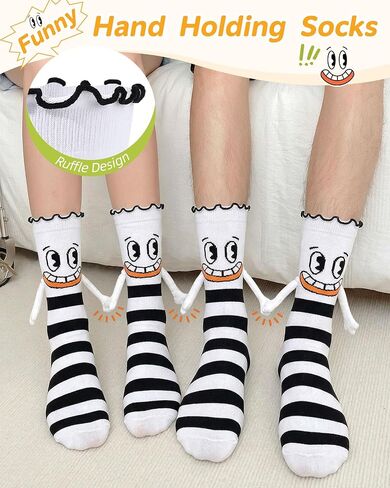 Funny Magnetic Hand Holding Socks for Women Girls, Black and White Stripe Ruffle Frilly Crew Socks with Magnet Hands, Novelty Gag Birthday Gifts for Adults Teen Kids Friends in Saudi Arabia