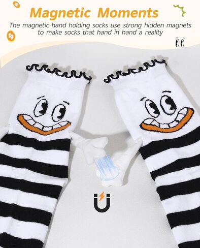 Funny Magnetic Hand Holding Socks for Women Girls, Black and White Stripe Ruffle Frilly Crew Socks with Magnet Hands, Novelty Gag Birthday Gifts for Adults Teen Kids Friends in Saudi Arabia