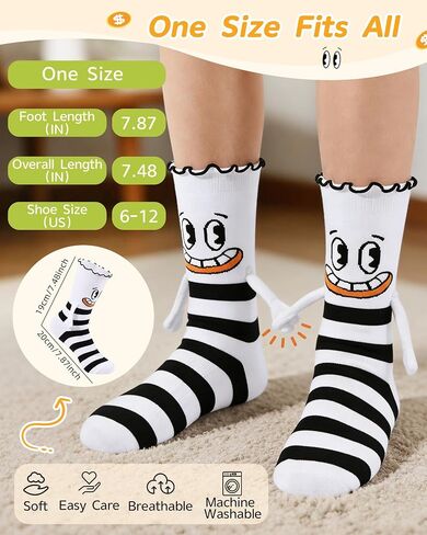 Funny Magnetic Hand Holding Socks for Women Girls, Black and White Stripe Ruffle Frilly Crew Socks with Magnet Hands, Novelty Gag Birthday Gifts for Adults Teen Kids Friends in Saudi Arabia