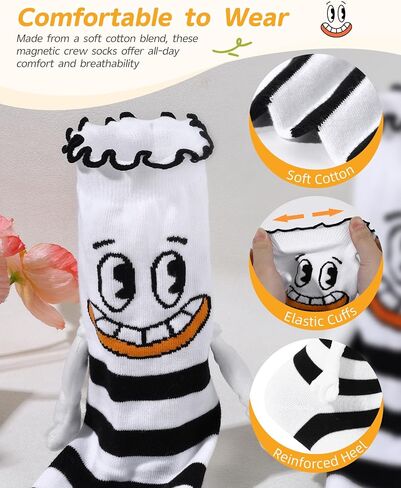 Funny Magnetic Hand Holding Socks for Women Girls, Black and White Stripe Ruffle Frilly Crew Socks with Magnet Hands, Novelty Gag Birthday Gifts for Adults Teen Kids Friends in Saudi Arabia