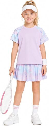 Wenlia Girls Tennis Dress 2 PCS Short Sleeve Golf Outfit Summer Athletic Sets with Built in Shorts Cute Activewear for 5-14Y in Saudi Arabia