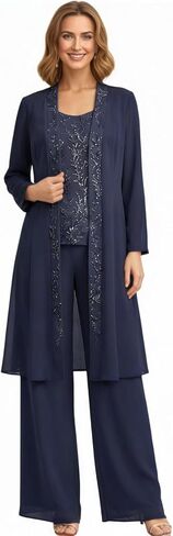 3 Piece Chiffon Mother of The Bride Pant Suits for Women Lace Applique Formal Wedding Guest Outfit with Long Jacket WT043 in Saudi Arabia
