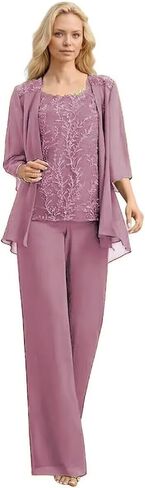 Chiffon Mother of The Bride Pant Suits 3 Pieces Lace Appliques Women Dressy Formal Outfit with Jacket KW001 in Saudi Arabia
